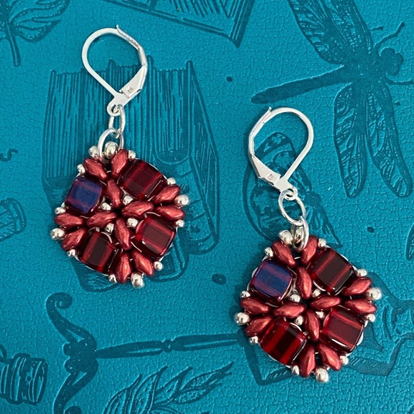 Handmade Unique Red & Silver Czech Glass Bead Earrings - Picture 2 of 3